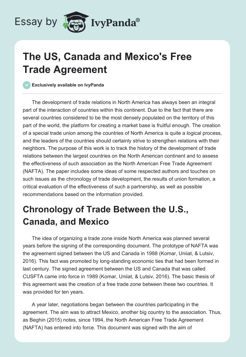 The US, Canada and Mexico's Free Trade Agreement. Page 1