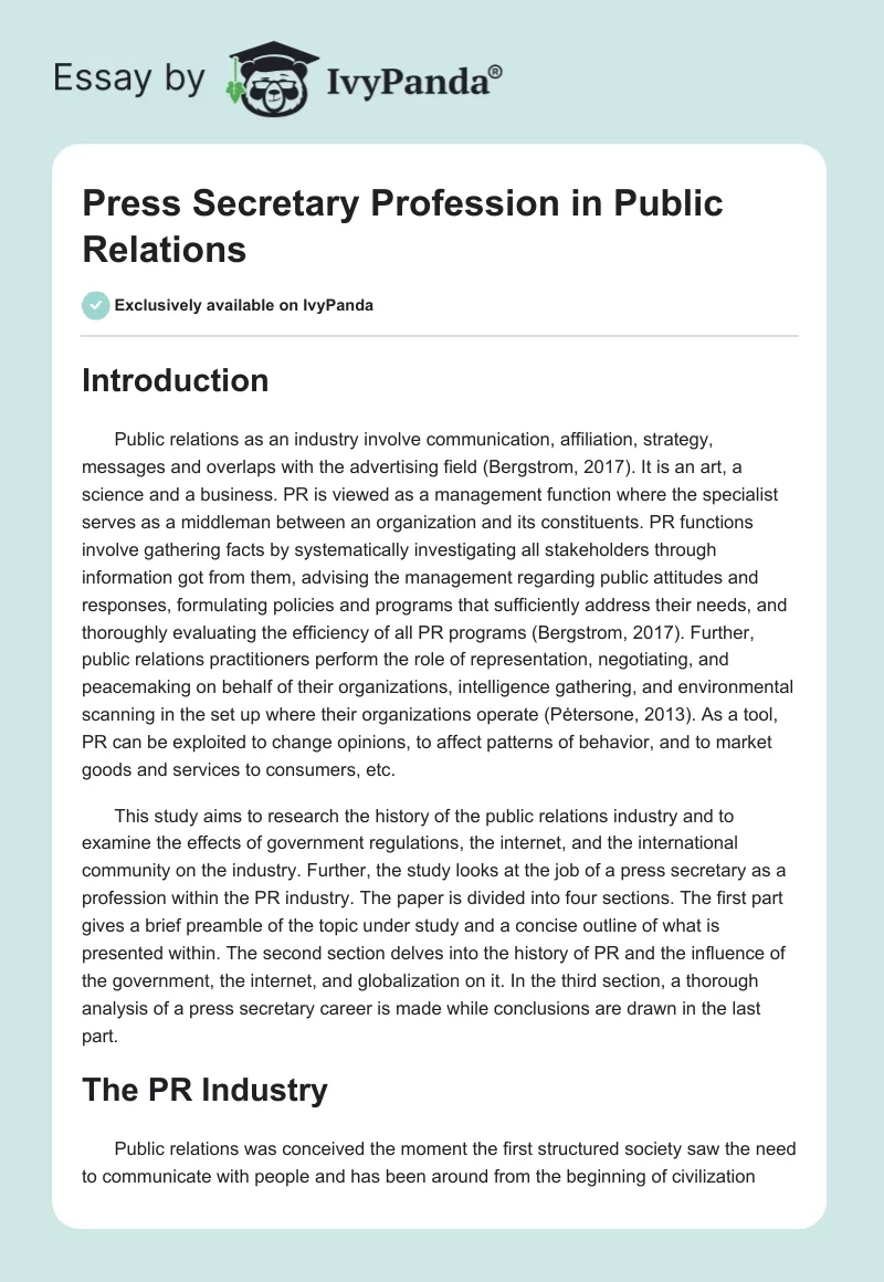 Press Secretary Profession in Public Relations. Page 1