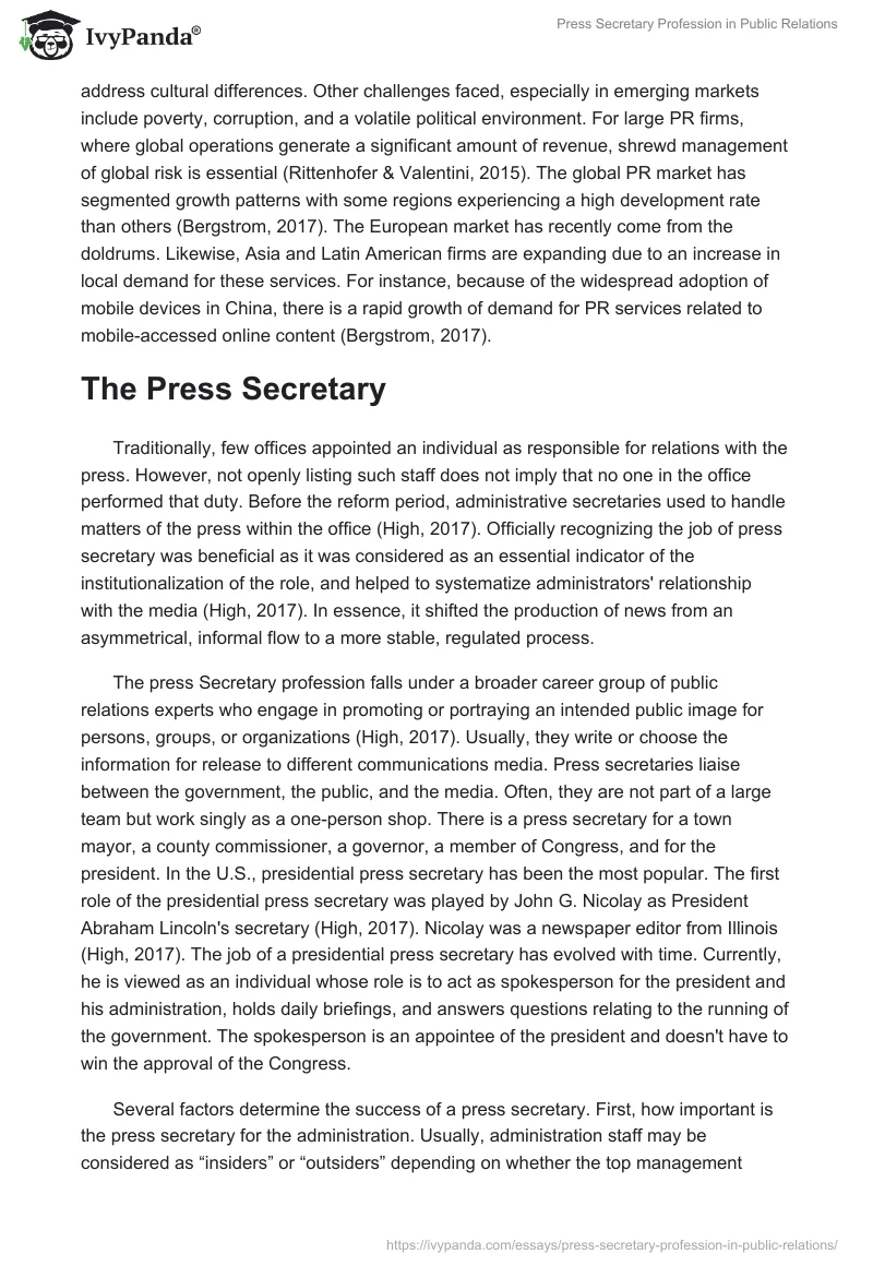 Press Secretary Profession in Public Relations. Page 4