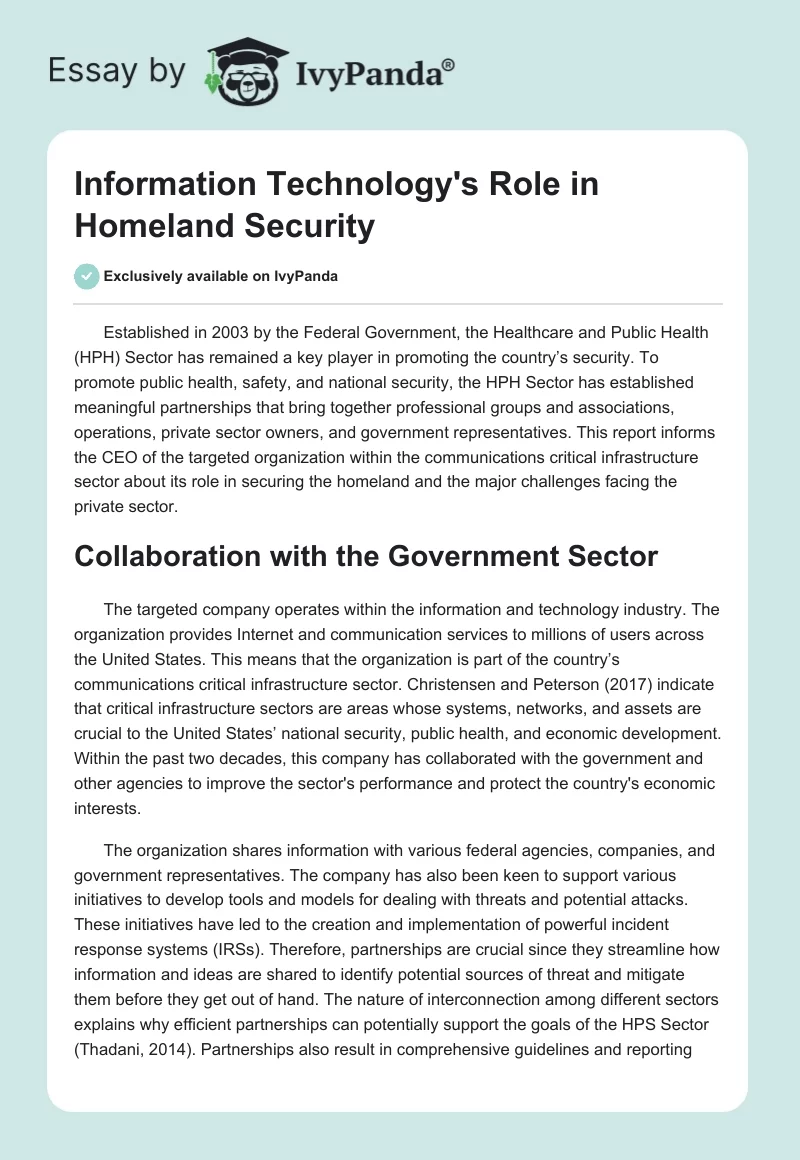 Information Technology's Role in Homeland Security. Page 1