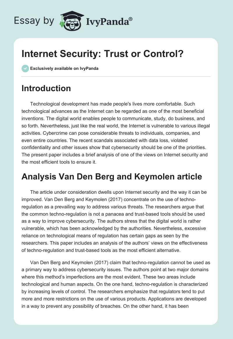 Internet Security: Trust or Control?. Page 1