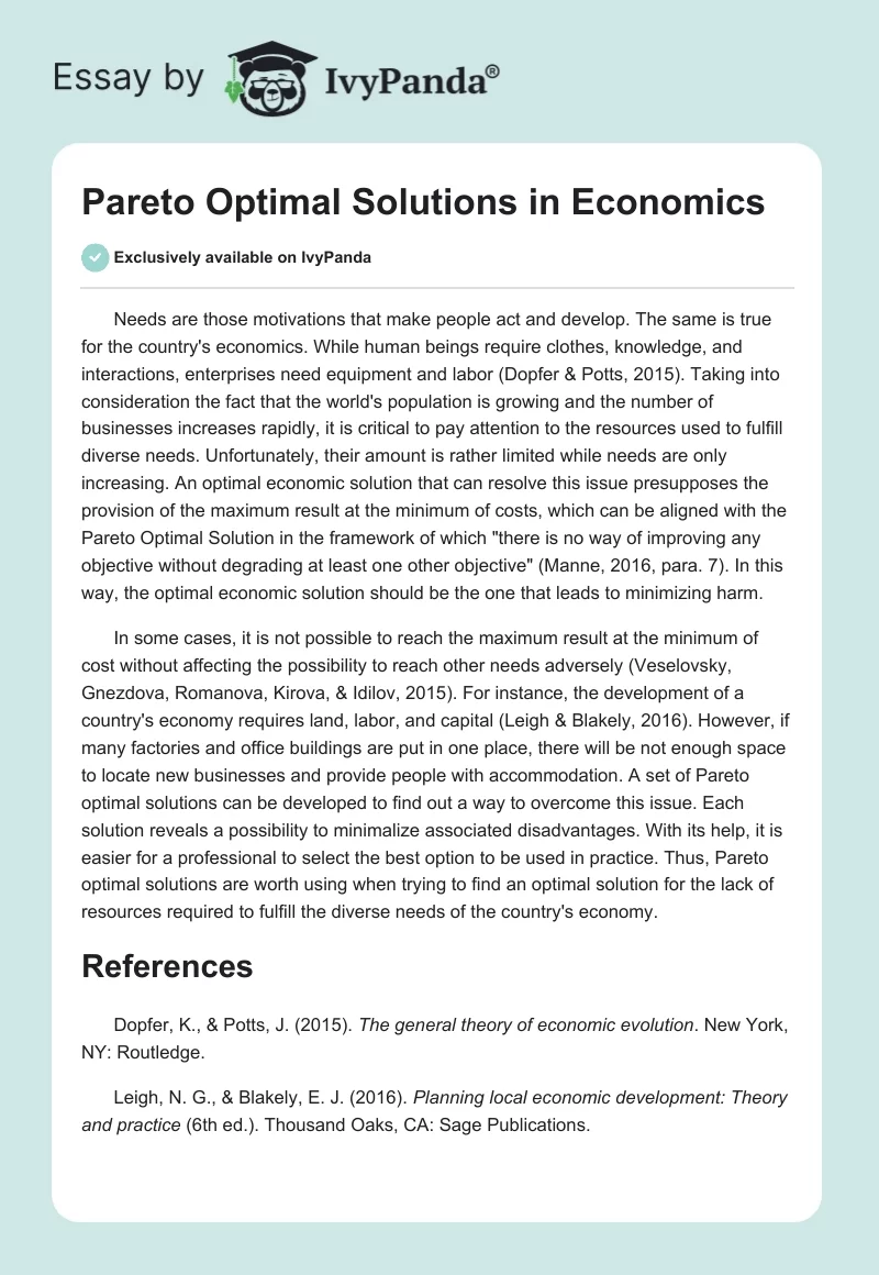 Pareto Optimal Solutions in Economics. Page 1