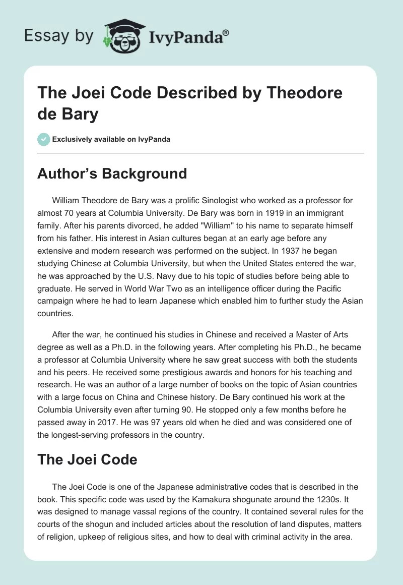 The Joei Code Described by Theodore de Bary. Page 1