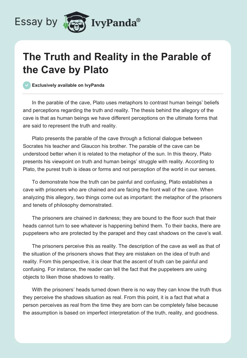 The Truth and Reality in the "Parable of the Cave" by Plato. Page 1