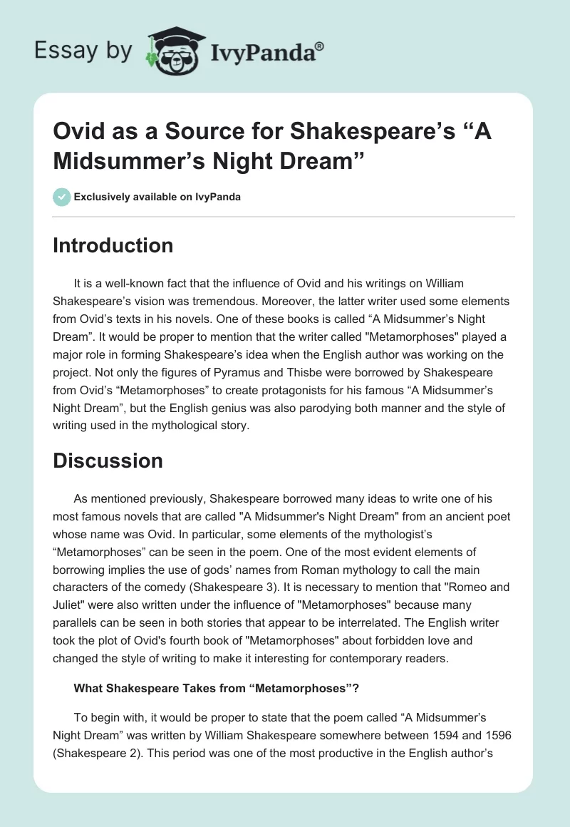 Ovid as a Source for Shakespeare’s “A Midsummer’s Night Dream”. Page 1