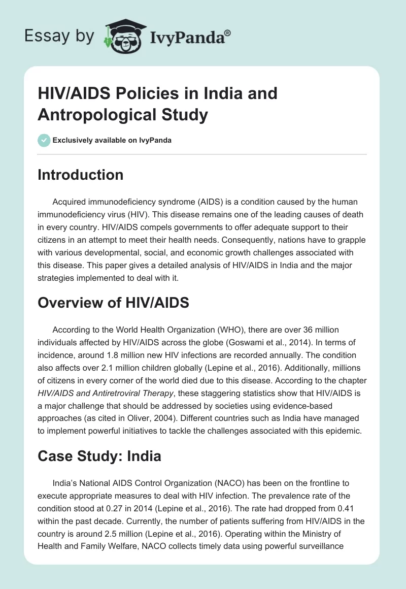 HIV/AIDS Policies in India and Antropological Study. Page 1