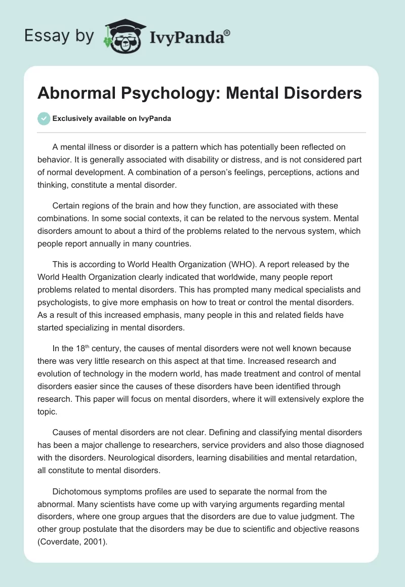 Abnormal Psychology: Mental Disorders. Page 1