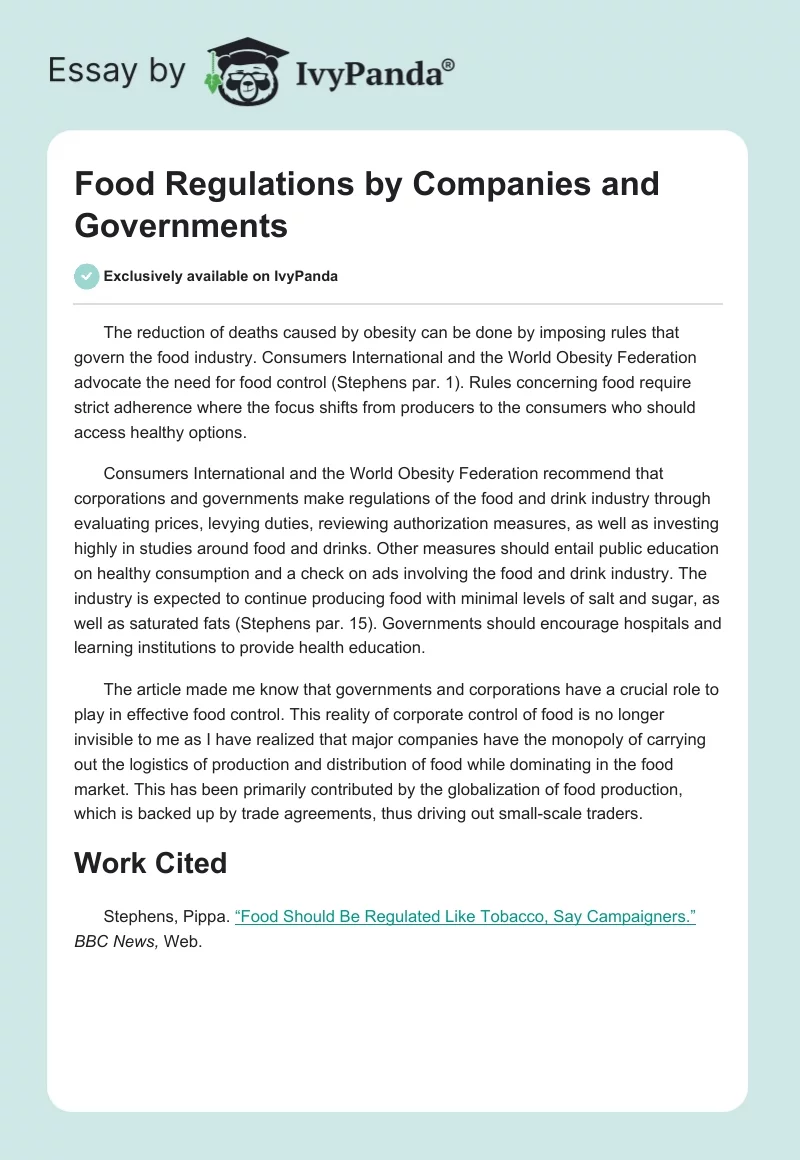 Food Regulations by Companies and Governments. Page 1