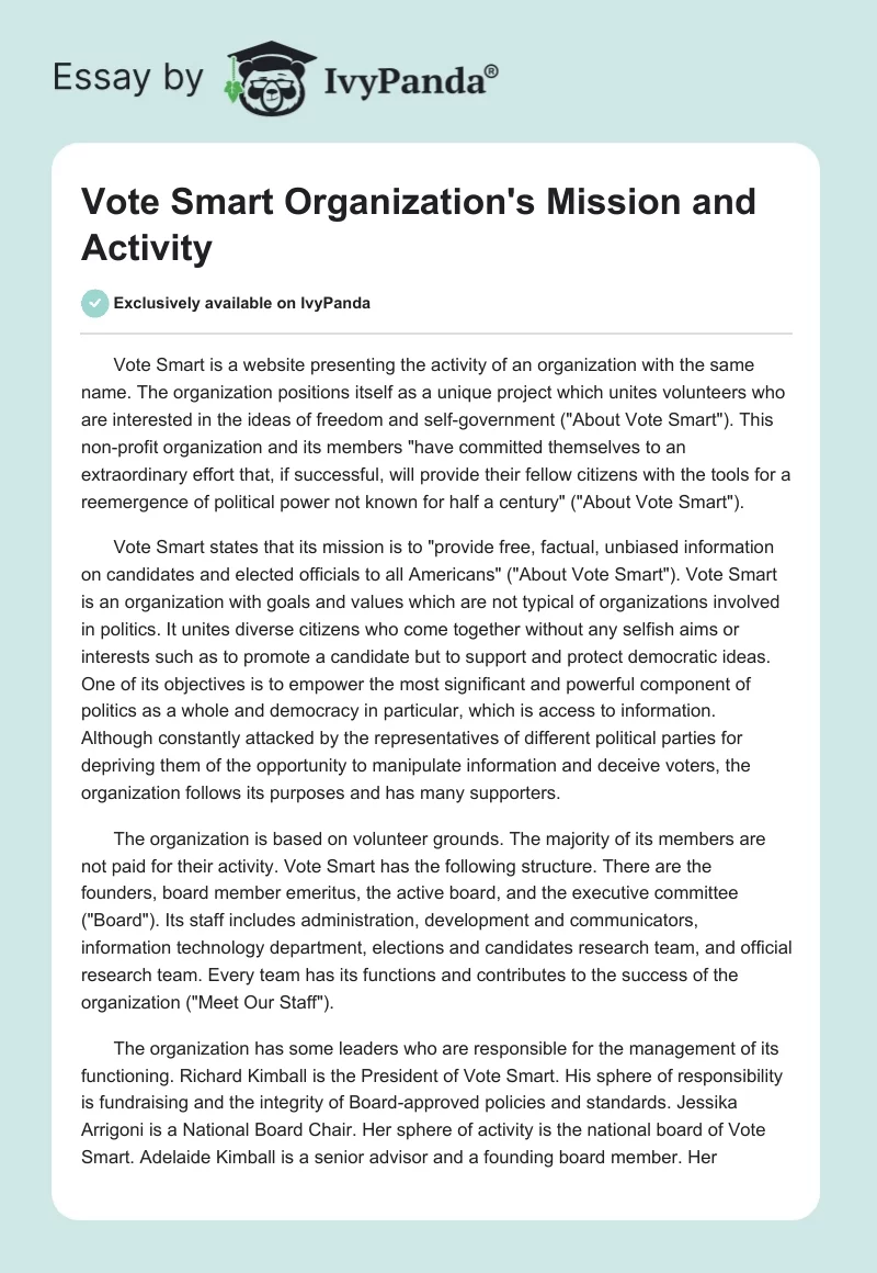 Vote Smart Organization's Mission and Activity. Page 1