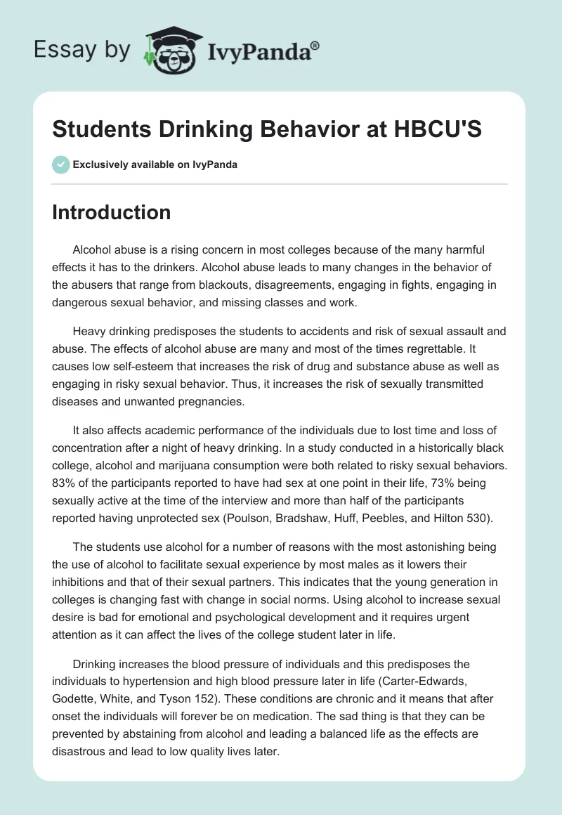 Students Drinking Behavior at HBCU'S. Page 1