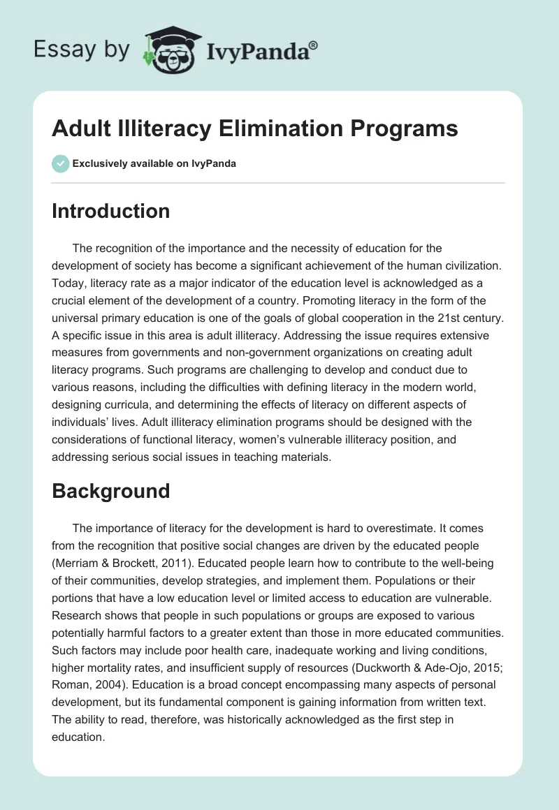 Adult Illiteracy Elimination Programs. Page 1