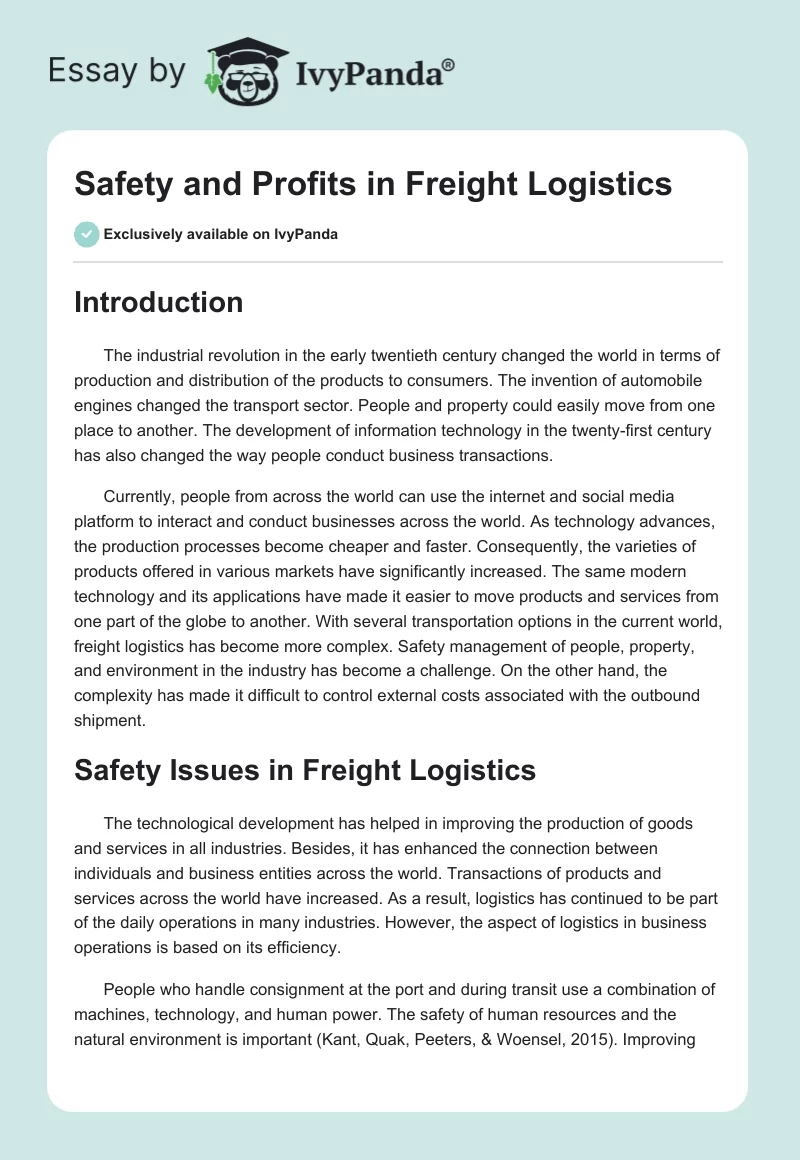 Safety and Profits in Freight Logistics. Page 1