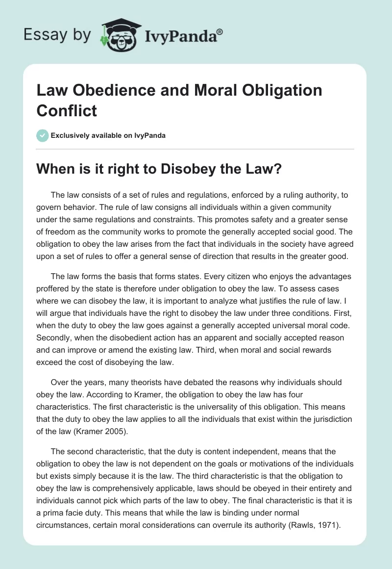 Law Obedience and Moral Obligation Conflict. Page 1