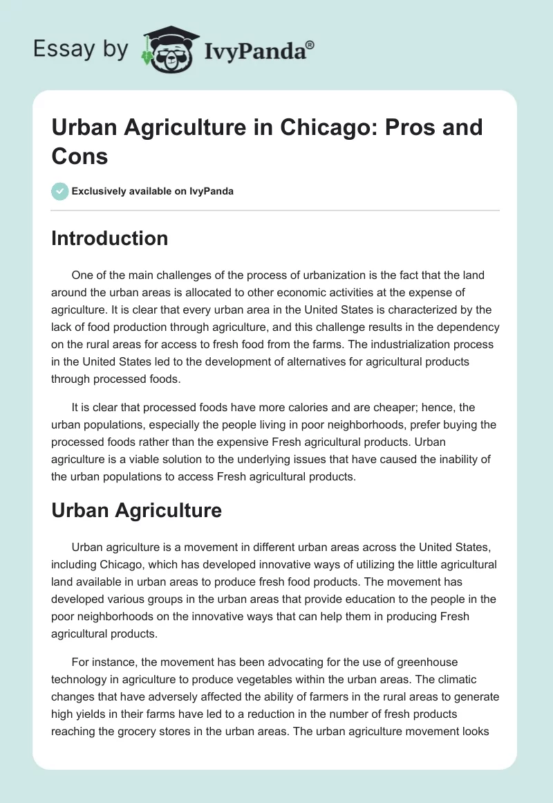 Urban Agriculture in Chicago: Pros and Cons. Page 1