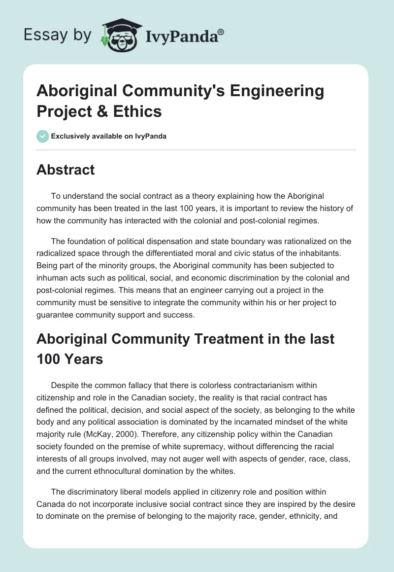 Aboriginal Community's Engineering Project & Ethics. Page 1