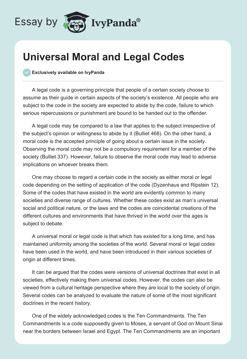 Universal Moral and Legal Codes. Page 1