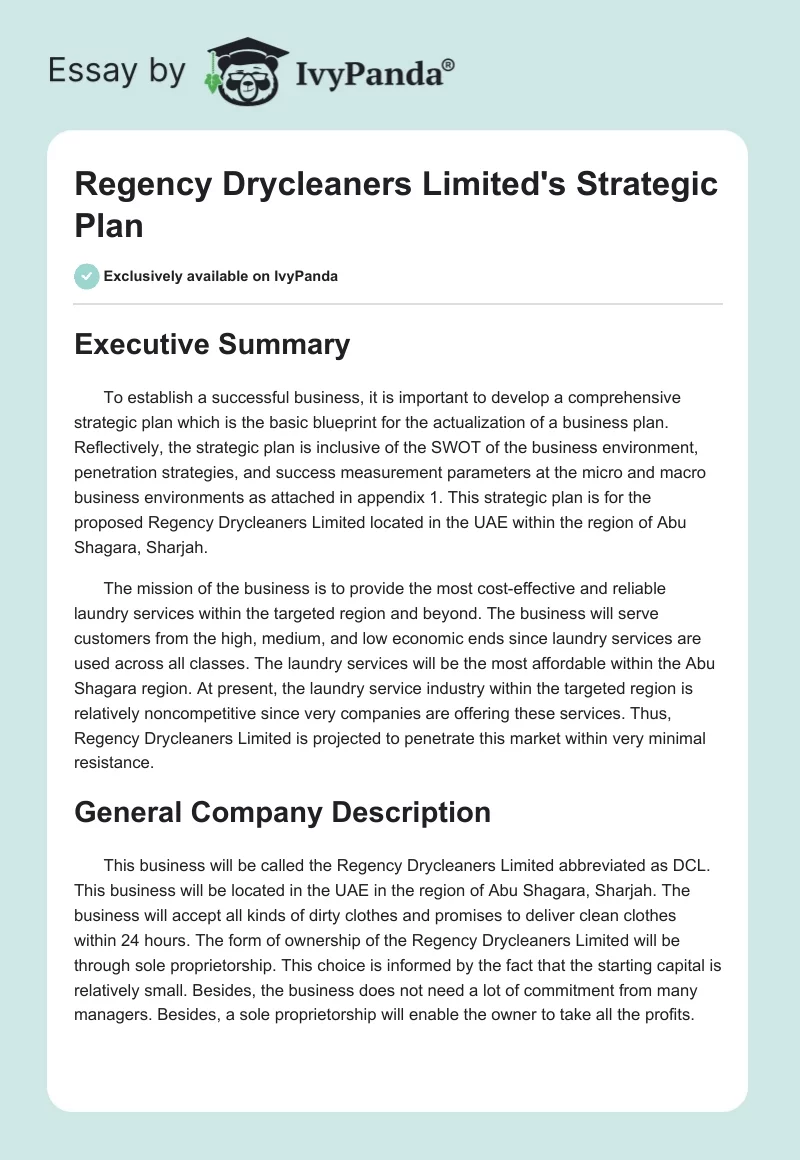 Regency Drycleaners Limited's Strategic Plan. Page 1