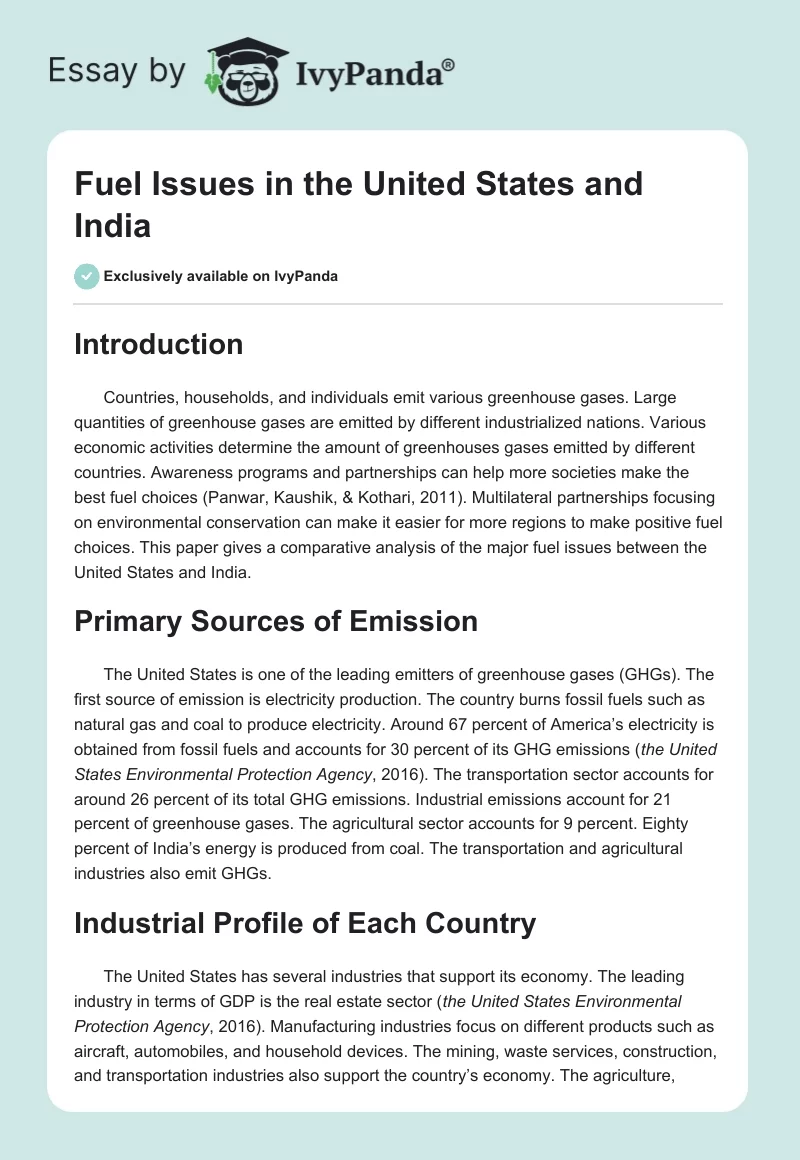 Fuel Issues in the United States and India. Page 1
