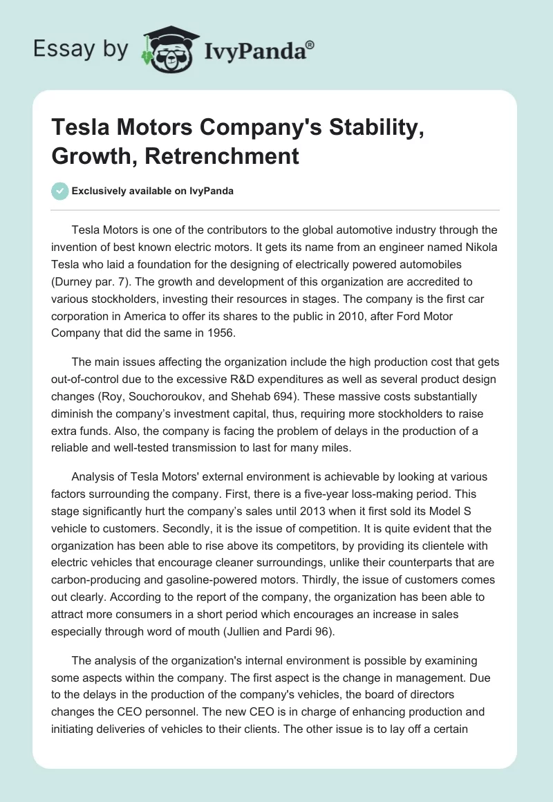 Tesla Motors Company's Stability, Growth, Retrenchment. Page 1