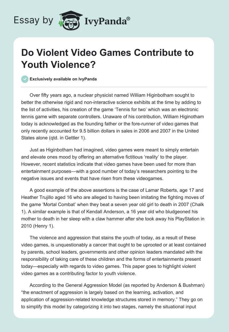 Do Violent Video Games Contribute to Youth Violence?. Page 1