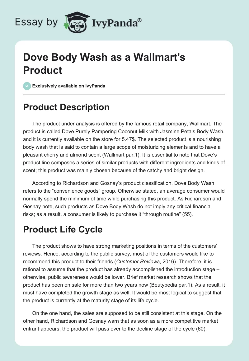 Dove Body Wash as a Wallmart's Product. Page 1