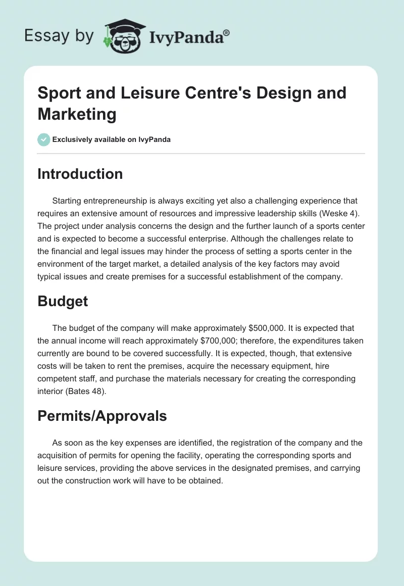 Sport and Leisure Centre's Design and Marketing. Page 1