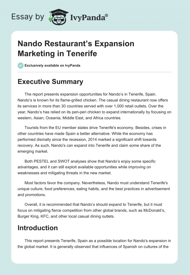 Nando Restaurant’s Expansion Marketing in Tenerife. Page 1