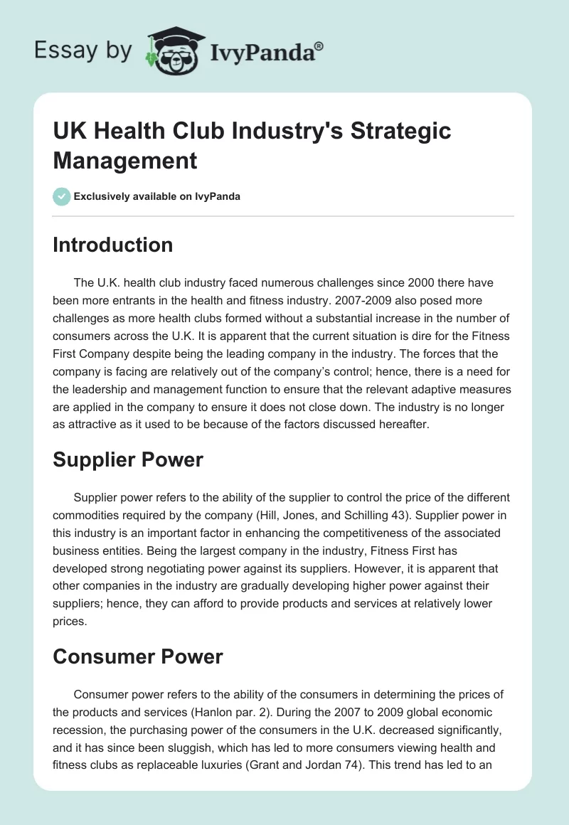 UK Health Club Industry's Strategic Management. Page 1