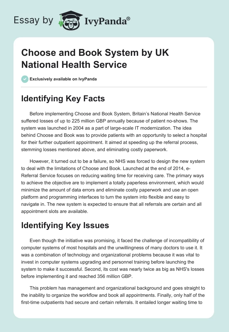 Choose and Book System by UK National Health Service. Page 1