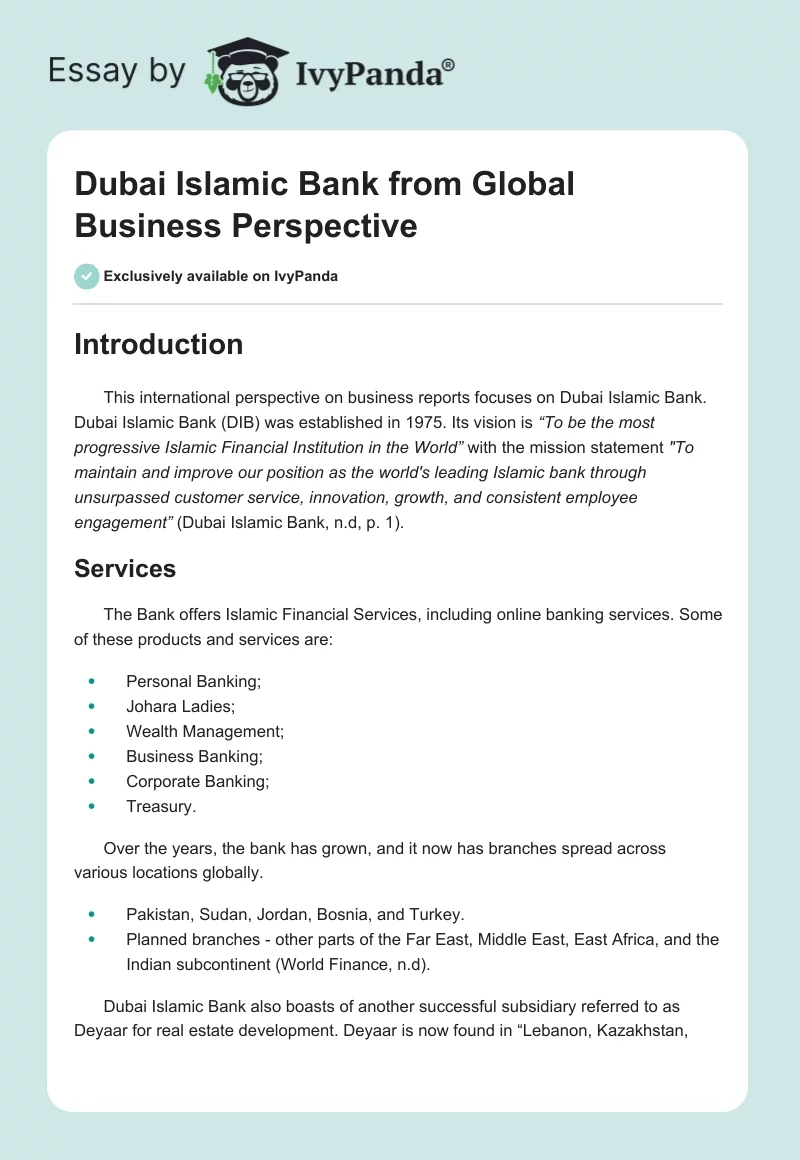 Dubai Islamic Bank from Global Business Perspective. Page 1