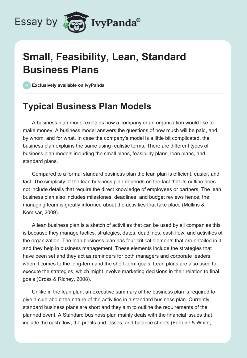 Small, Feasibility, Lean, Standard Business Plans. Page 1