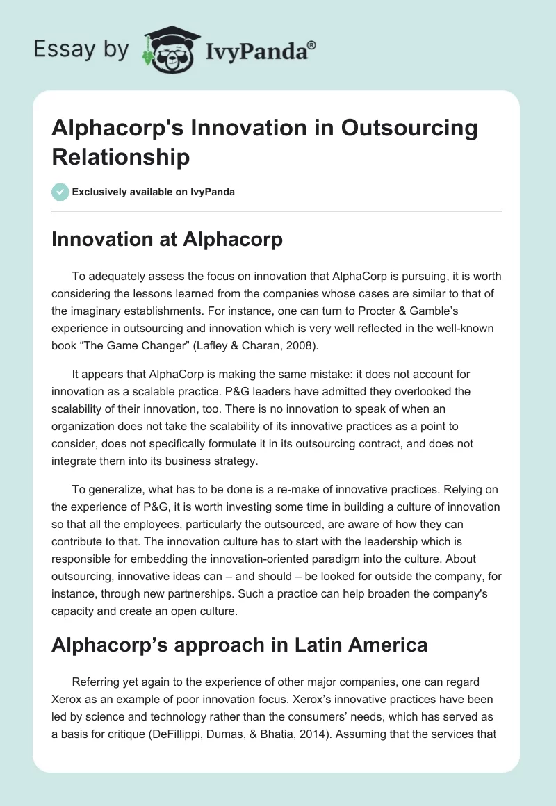 Alphacorp's Innovation in Outsourcing Relationship. Page 1