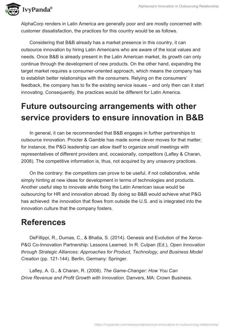 Alphacorp's Innovation in Outsourcing Relationship. Page 2