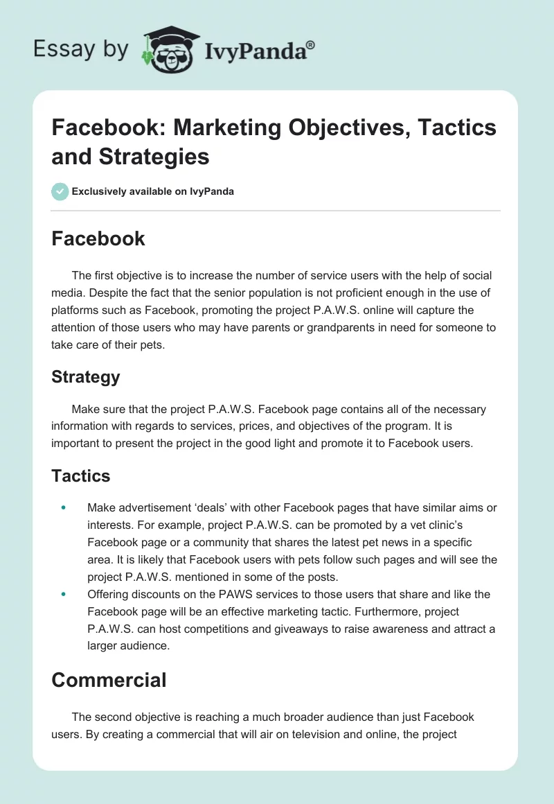 Facebook: Marketing Objectives, Tactics and Strategies. Page 1