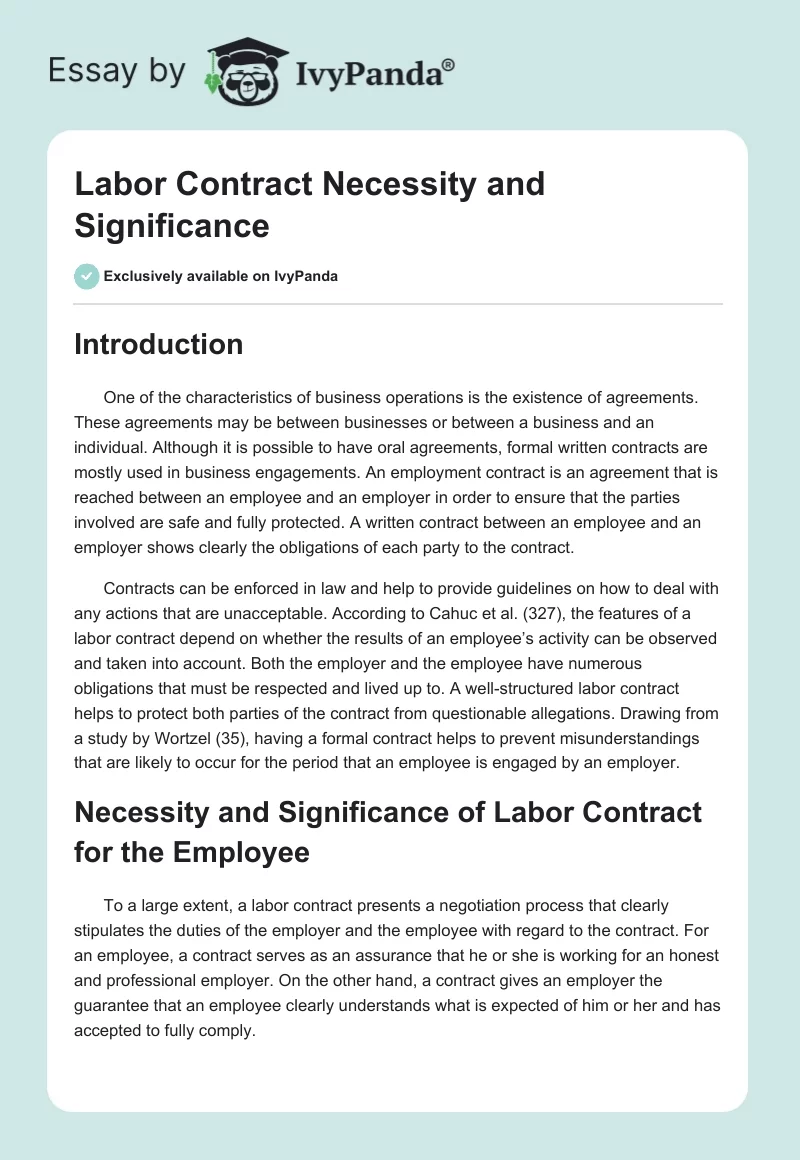Labor Contract Necessity and Significance. Page 1