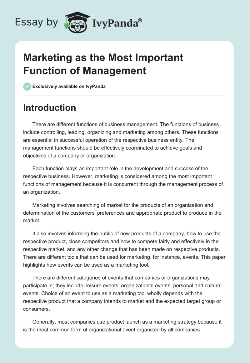 Marketing as the Most Important Function of Management. Page 1