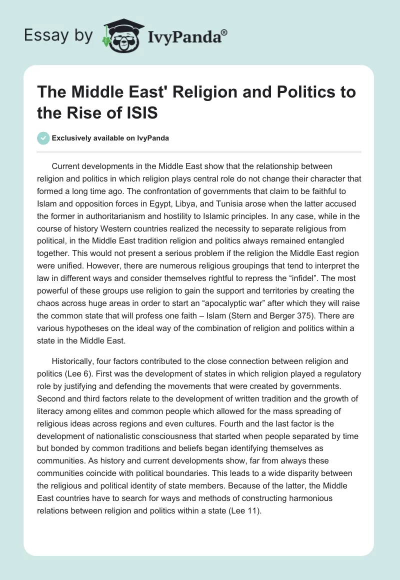 The Middle East' Religion and Politics to the Rise of ISIS. Page 1