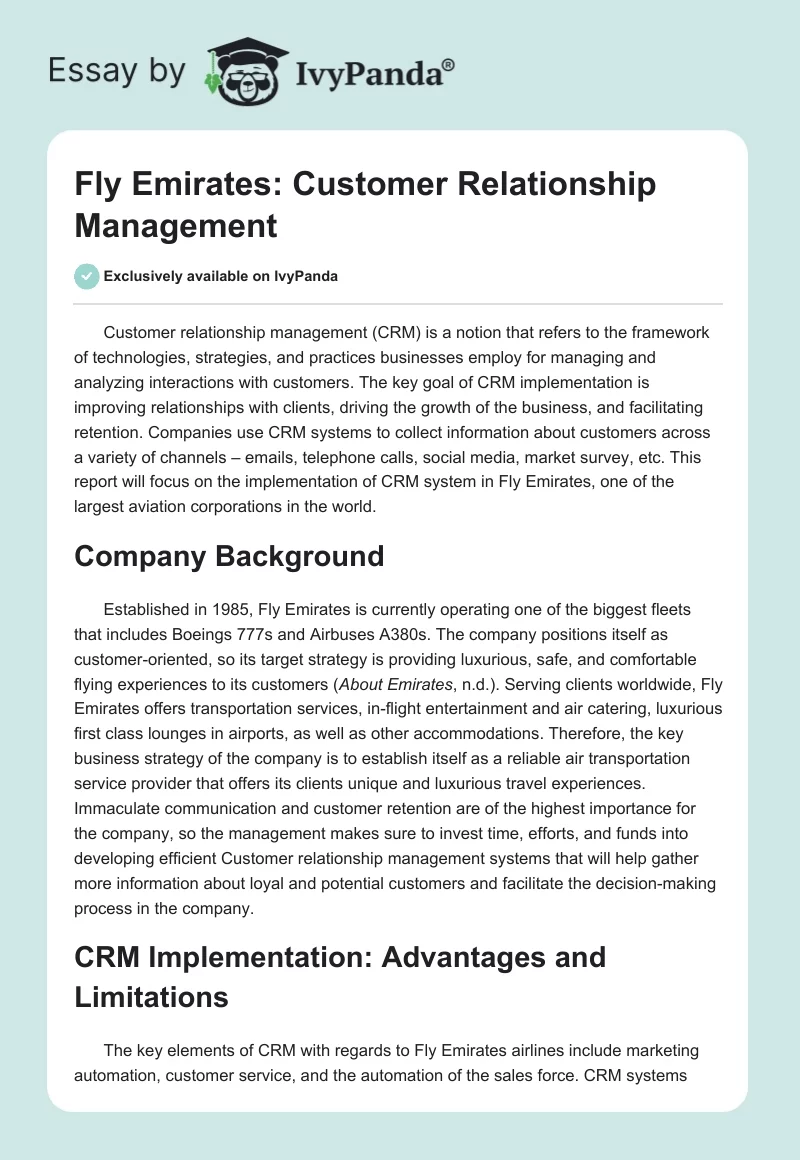 Fly Emirates: Customer Relationship Management. Page 1