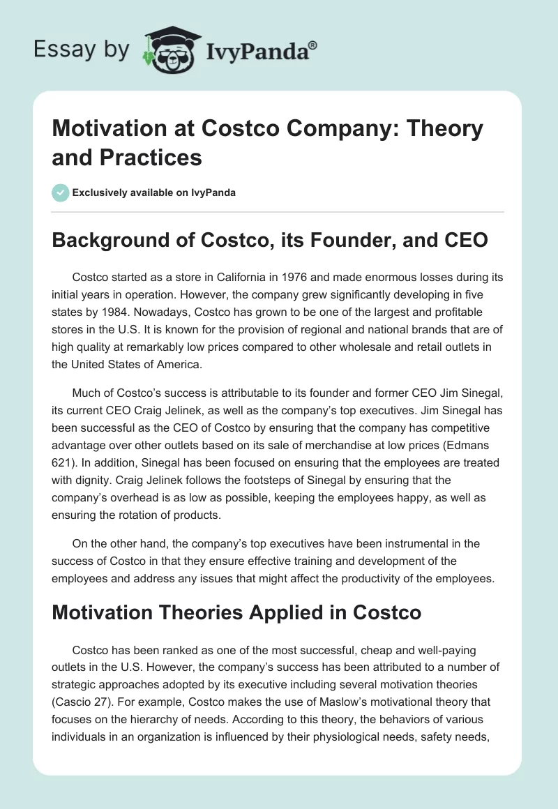 Motivation at Costco Company: Theory and Practices. Page 1