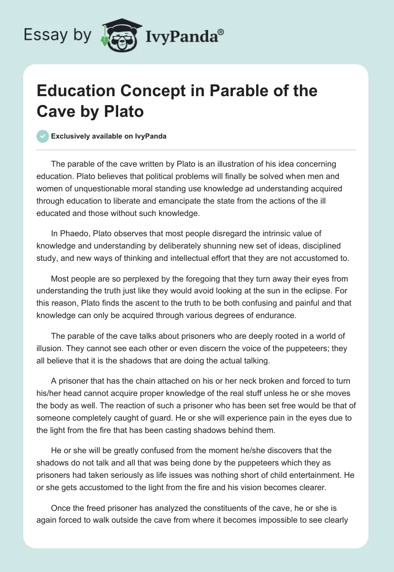 Education Concept in "Parable of the Cave" by Plato. Page 1