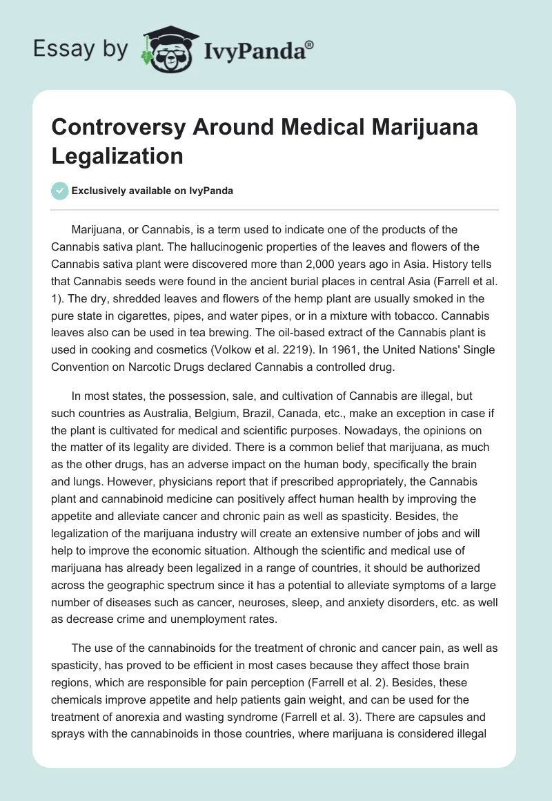 Controversy Around Medical Marijuana Legalization. Page 1
