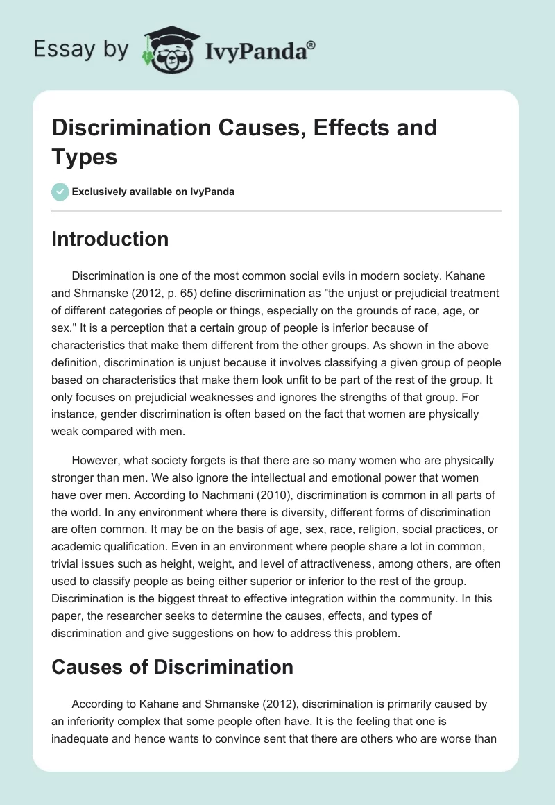 Discrimination Causes, Effects and Types. Page 1