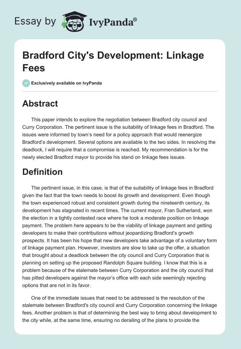 Bradford City's Development: Linkage Fees. Page 1