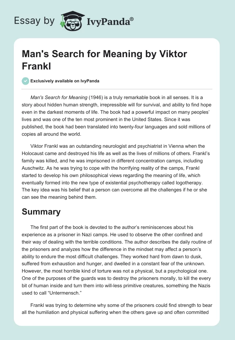 "Man's Search for Meaning" by Viktor Frankl. Page 1