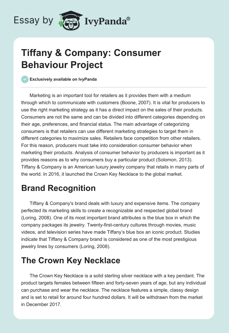 Tiffany & Company: Consumer Behaviour Project. Page 1
