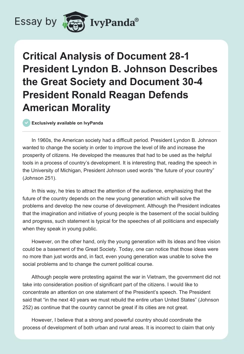 Critical Analysis of Document 28-1 President Lyndon B. Johnson Describes the Great Society and Document 30-4 President Ronald Reagan Defends American Morality. Page 1