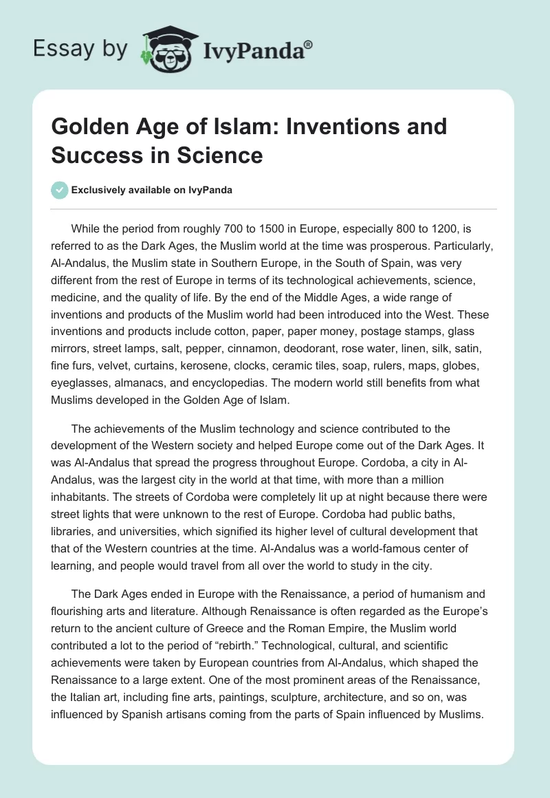 Golden Age of Islam: Inventions and Success in Science. Page 1