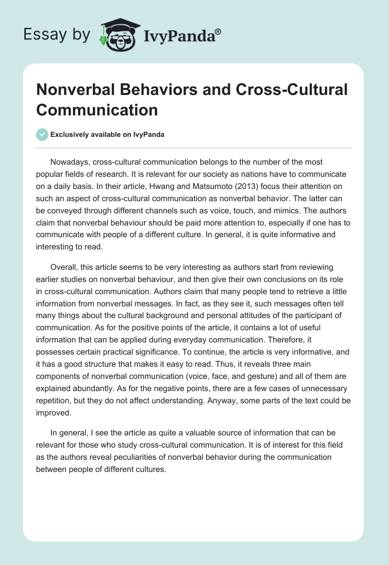 Nonverbal Behaviors and Cross-Cultural Communication. Page 1