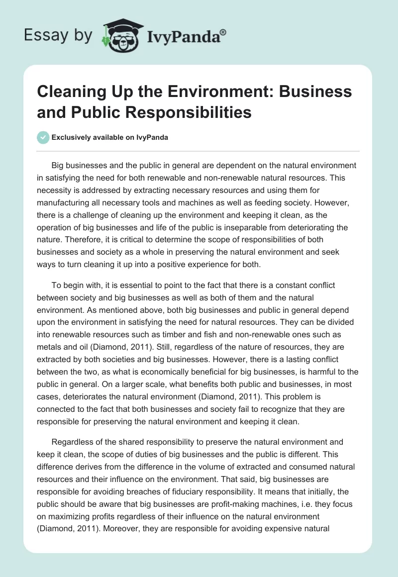Cleaning Up the Environment: Business and Public Responsibilities. Page 1