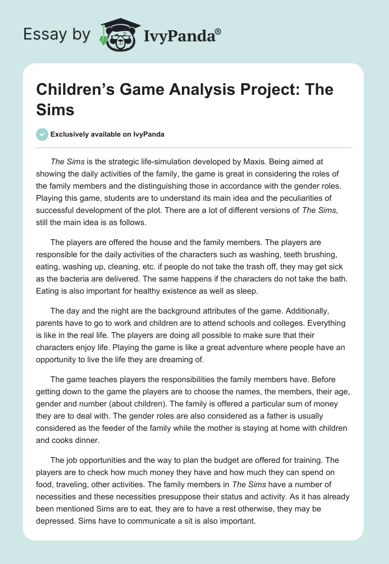 Children’s Game Analysis Project: The Sims. Page 1